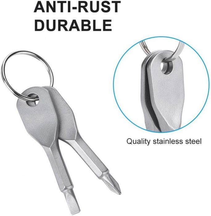 Porte-clés mini tournevis inox 2-en-1 (plat + Phillips) léger et antirouille