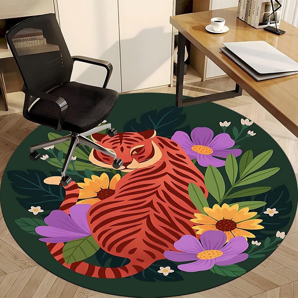 1pc Tiger Flowers Office Round Area Rug,  Mat Suitable For Office, Under Office Chairs Bedroom Living Room Home Decor, Room Deco