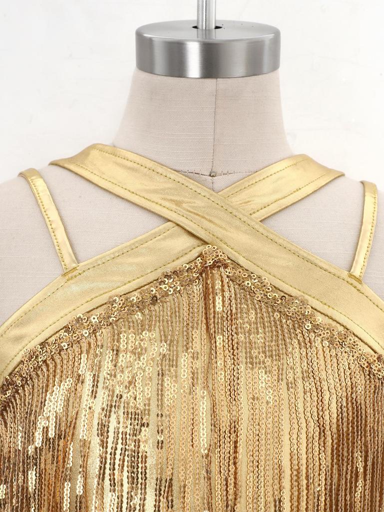 Kids Metallic Disco Dance Bodysuit: Sleeveless Sequins Tassels Jumpsuit with Back Invisible Zipper & Flared Pants