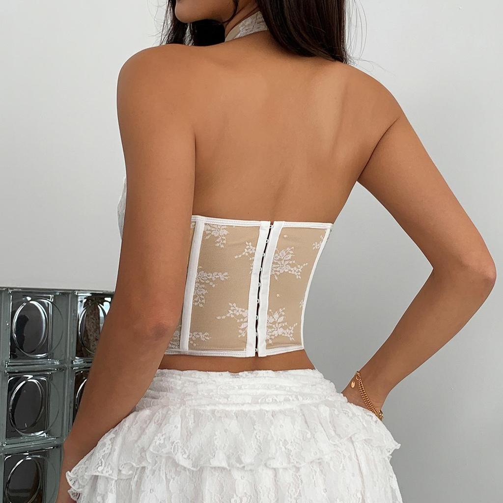 Elegant Lace Qipao Halter Neck Slim Fit Strapless Backless Crop Top