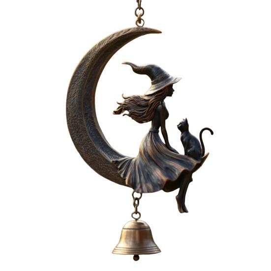 Witch Black Cat Moon Wind Chime Halloween Hanging Metal Wind Bell Ornament with Moon And Cat for Outside Patio Lawn Yard Pathway Garden Porch Decor