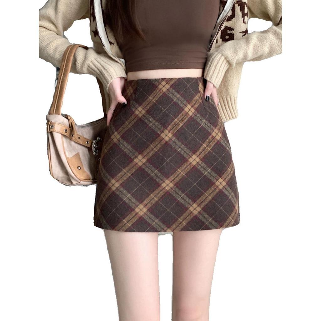 Women's Retro A-Line Plaid Woolen Skirt - Spring/Autumn Short Hip-Hugging Style