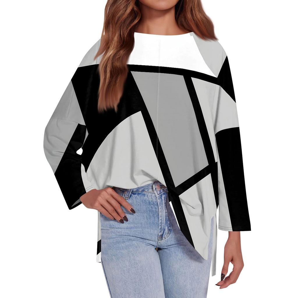 Женская модная свободная футболка большого размера с круглым вырезом и длинным рукавом, с геометрическим узором по бокам, с принтом, повседневный топ