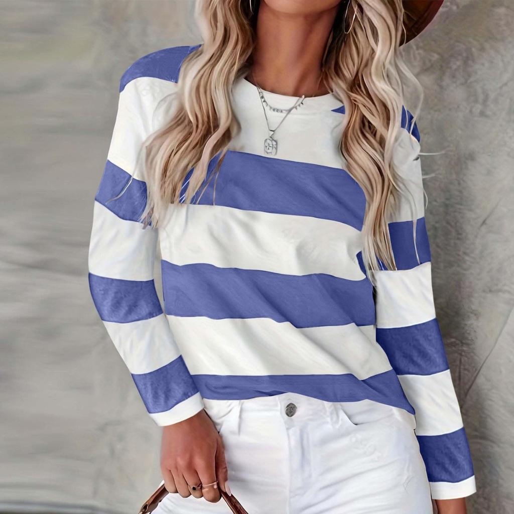 Женская модная повседневная полосатая футболка с круглым вырезом и длинным рукавом