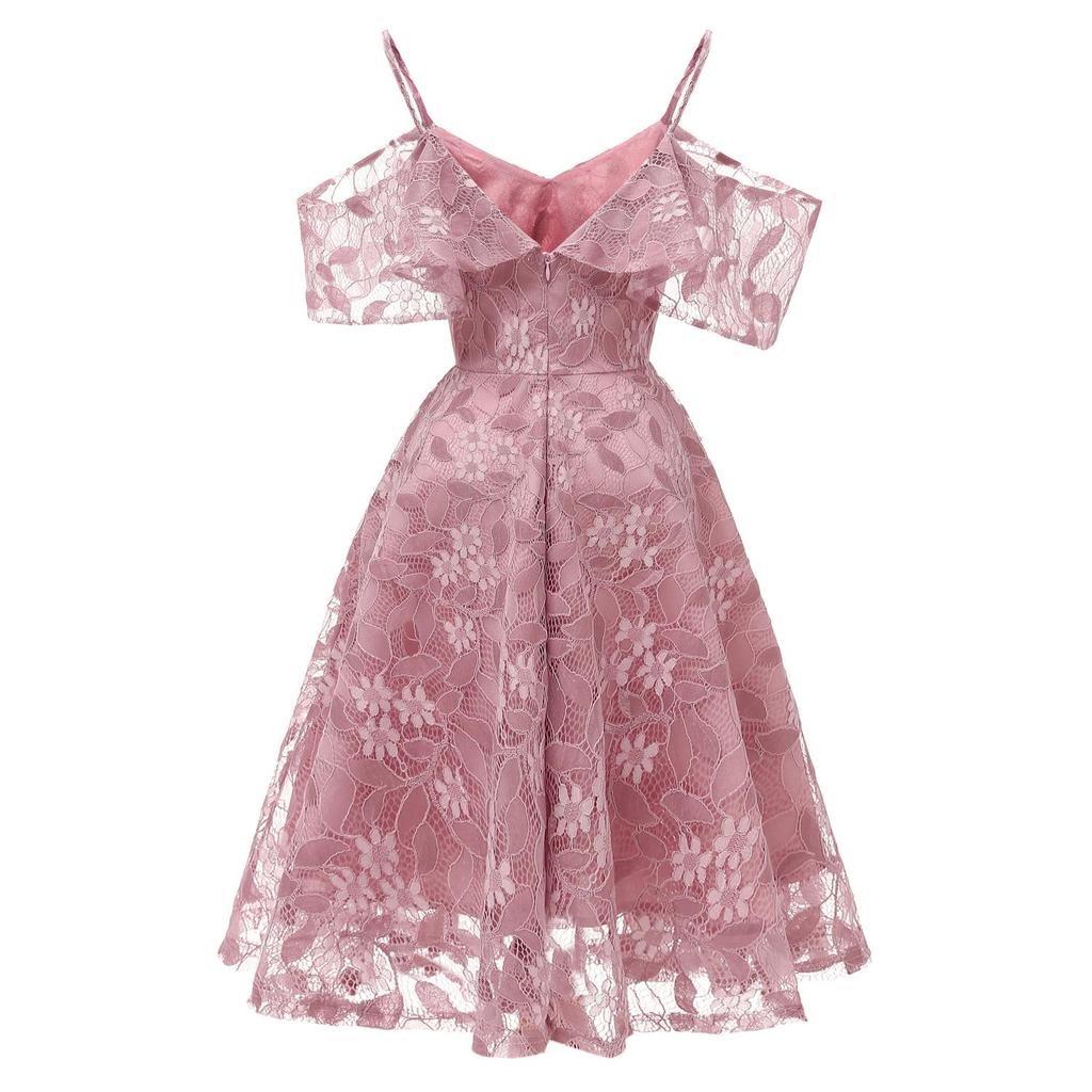 Deer Women's Floral Crochet Lace Ruffle Cold Shoulder Cami Strap Midi Bridesmaid Dress Wedding Evening Formal Party Cocktail Occasions Outfits