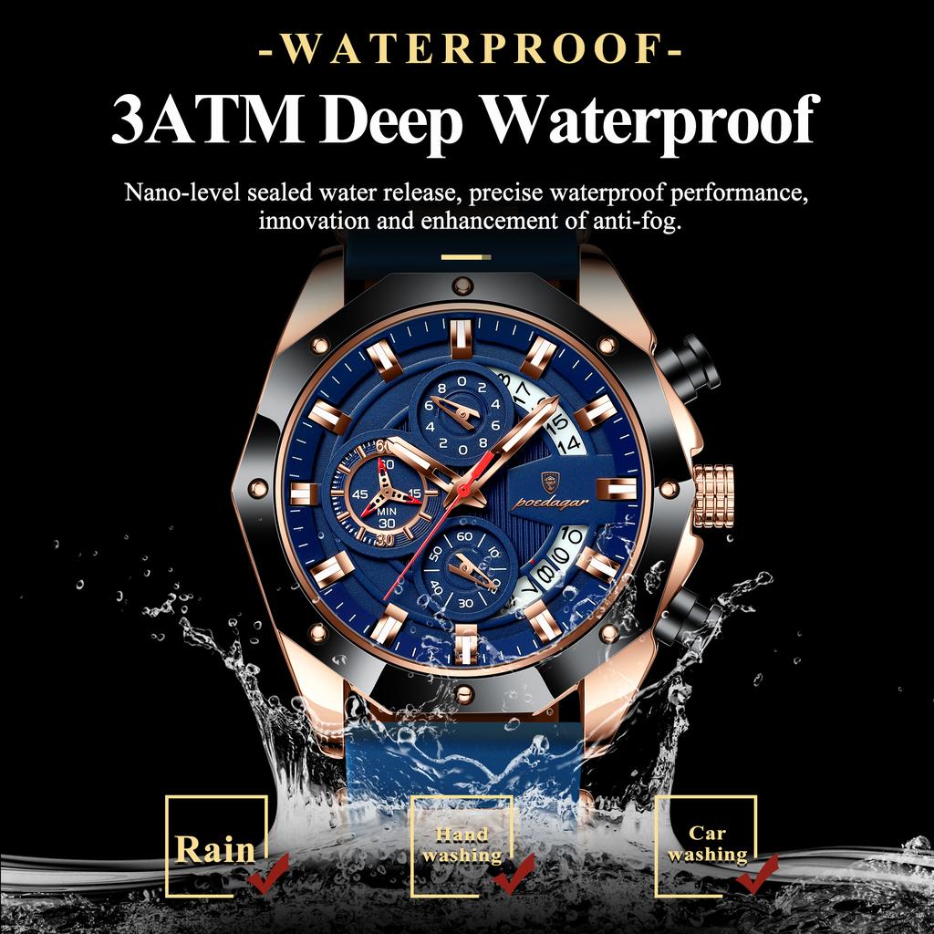 Men's Multifunctional Three Eye Chronograph Calendar Watch Multi Functional Waterproof Luminous Dial Student Fashion Sports Quartz Watch