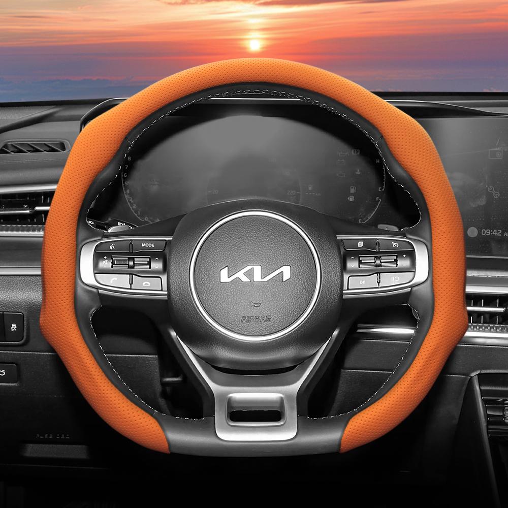 Подходит для Kia, Чехол на руль из перфорированной кожи, Нескользящий, Впитывающий пот, Дышащий, Интегрированный защитный чехол Sportage K5 Seltos Fort