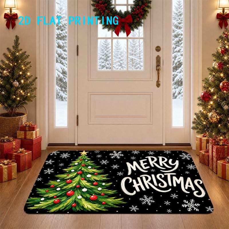 2D Flat Printing, Christmas Theme Snowflake Christmas Tree Door Mat, Non-Slip Machine Washable Easy to Clean Polyester Carpet, Suitable for Home And O