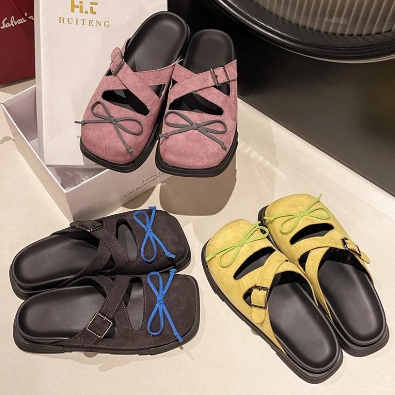 Fashion Bow Women Slippers Flats Designer Mules Shoes Square Toe Woman Sandals 2025 Walking Flip Flops Summer Walking Chaussures Femme