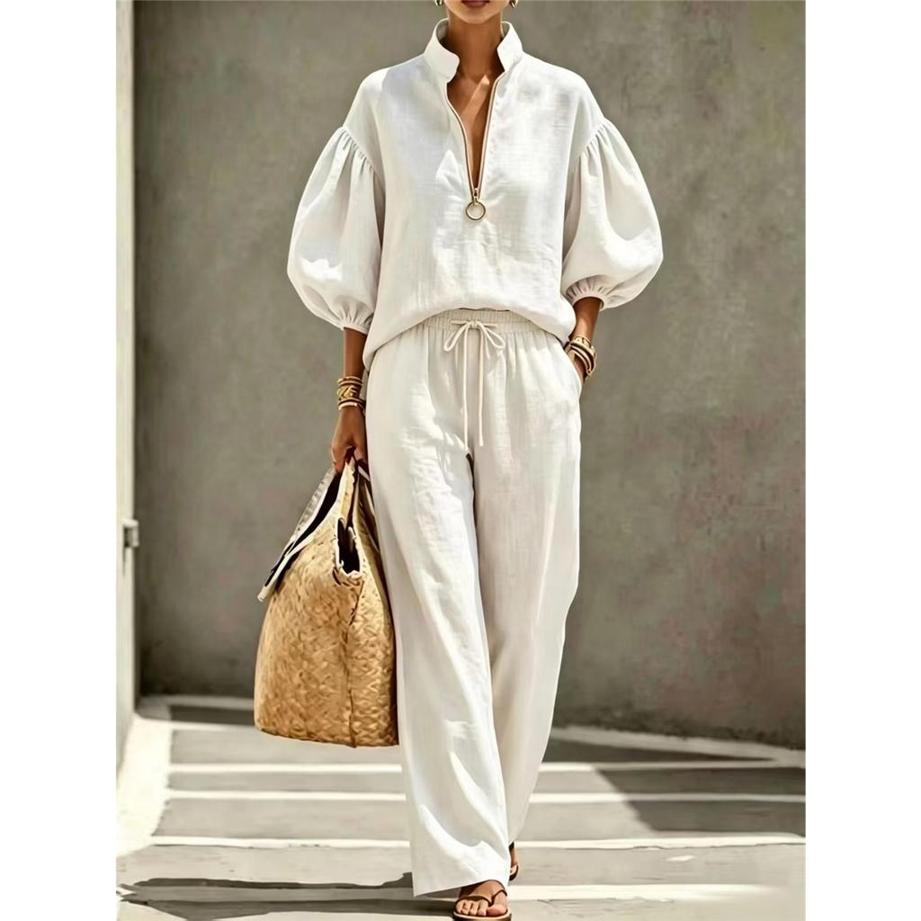 Women 2 Piece Outfit Stand Collar Half Zip Puff Sleeve Blouse Drawstring Wide Leg Pants Casual Two‑Piece Set