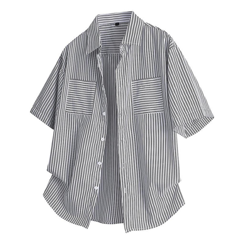 Men's Summer Short Sleeve Striped Shirt Casual Button Pocket Shirt Tops
