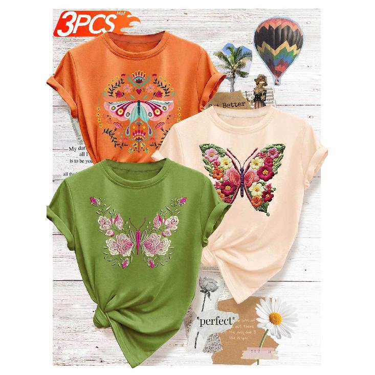 3 Elegant outfits for a girls' gathering T Ethnic-style shirt with butterfly and floral prints, vintage and unique top, fresh and youthful, casual