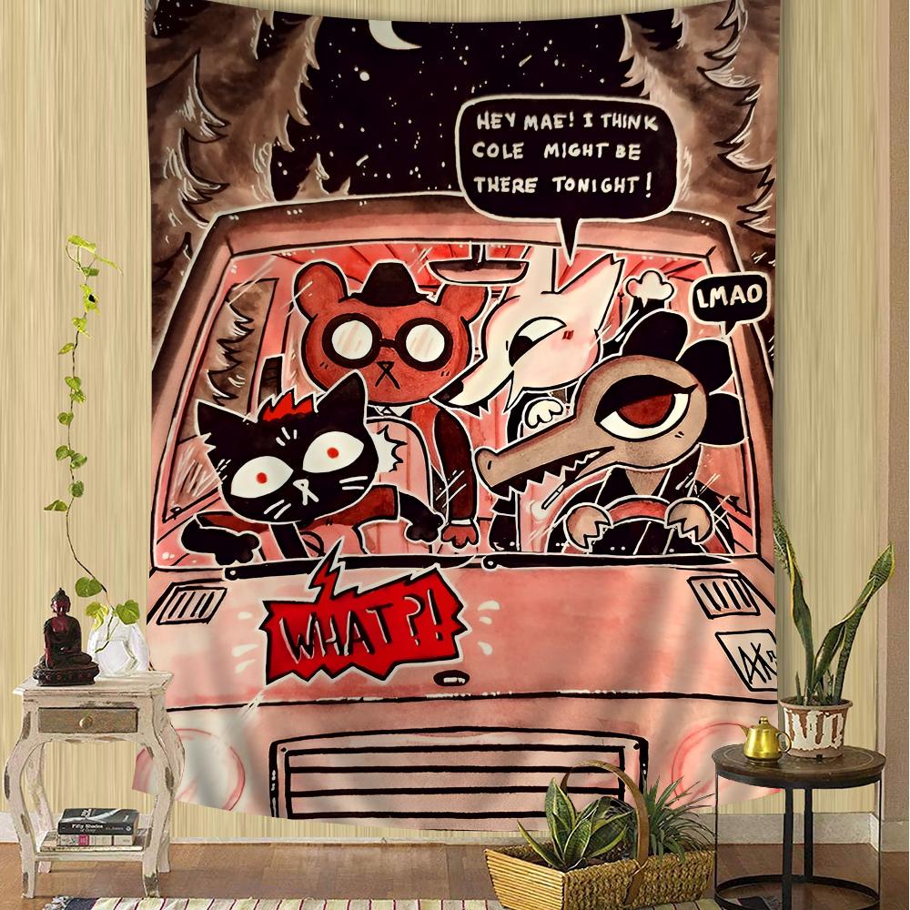 Night in the Woods Full Character Silhouette Wall Tapestry Gradient Background Cozy Room Decor for Indie Game Nostalgic Fans