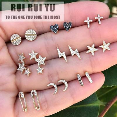 RUI RUI YU, 9 пар, женские серьги-гвоздики, женские модные серьги, набор, набор искусственных бриллиантов, инкрустация звездой и Луной, круглая любовь