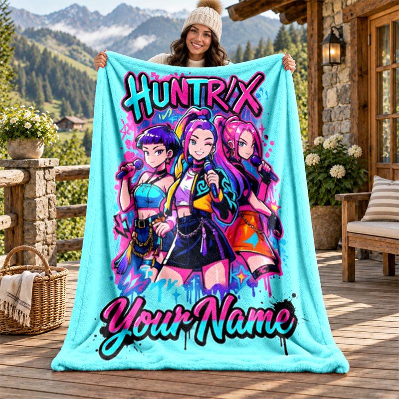 Kpop demon hunters Custom Name Flannel Blanket Personalized Soft Warm Plush Throw Blanket Customized Gift for Family Friends