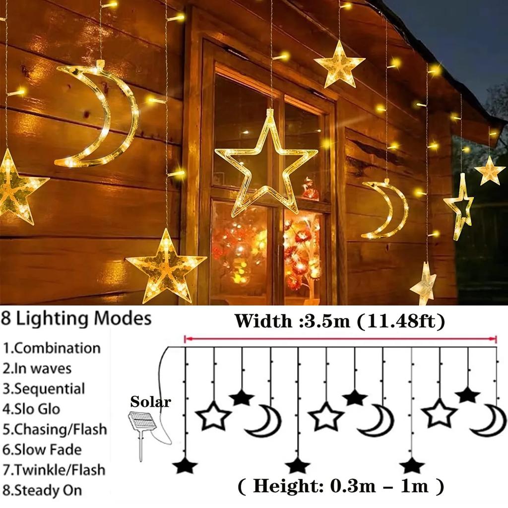 Solar/Battery Powered Star Moon String Lights LED Fairy Curtain Lamp 8 Modes Waterproof For Home Room Christmas Party Glow Decor