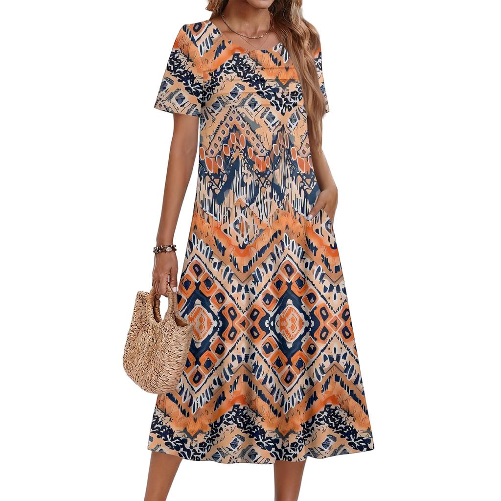 Женское повседневное и модное платье с цветочным принтом, короткими рукавами и круглым вырезом.