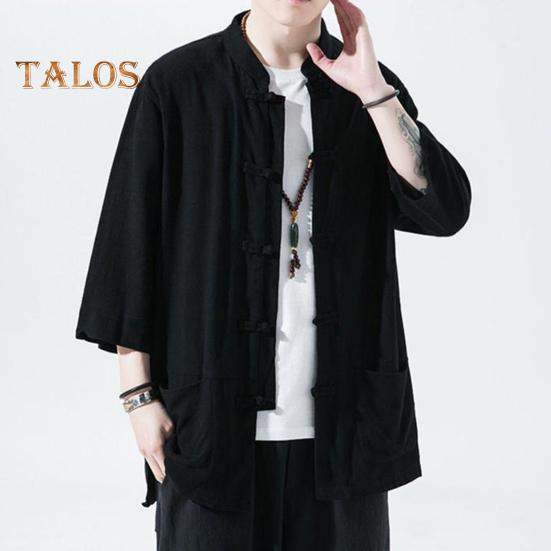 Мужская рубашка в китайском стиле, свободная рубашка в стиле ретро на пуговицах с карманами, хлопковая льняная дышащая летняя рубашка для уличных вечеринок и путешествий