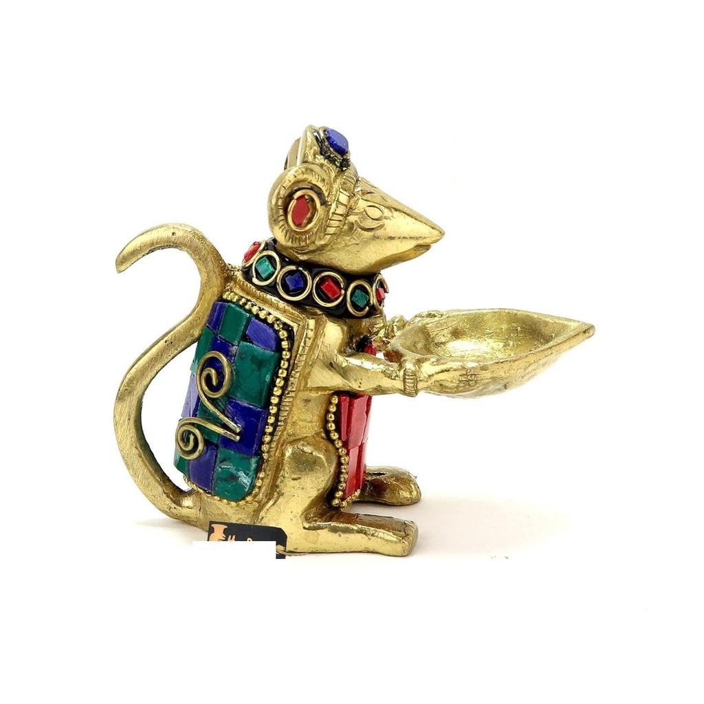 Latest Gemstone Work Brass Ganesha Mouse Holding Oil Lamp Diya, Standard, Pack of 1