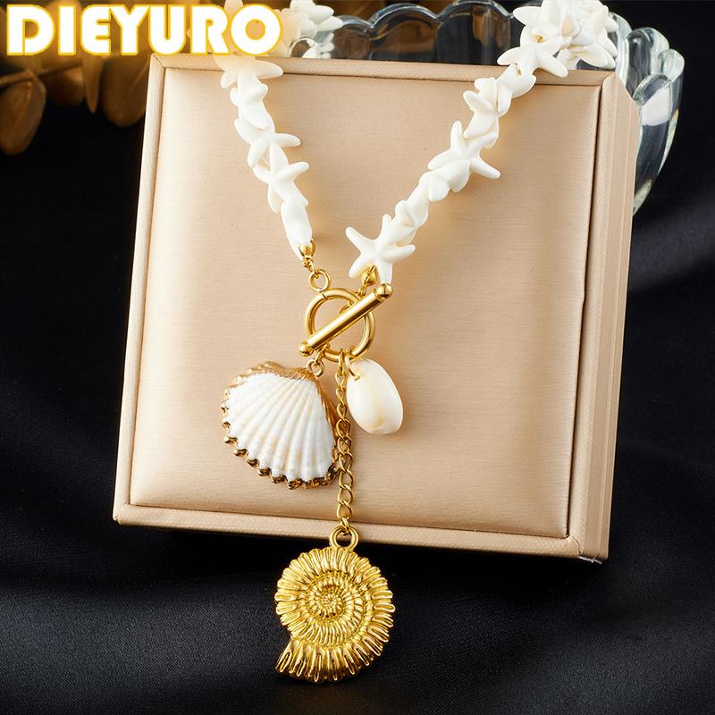 DIEYURO 316L Stainless Steel Golden Conch Pendant Necklace Lady New Beach Starfish Scallop Neck Chain Vacation Neck Jewelry