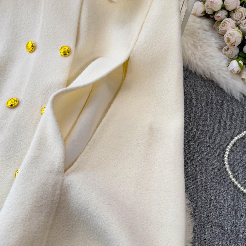 Осень-зима Женское роскошное шерстяное двубортное пальто-накидка с поясом