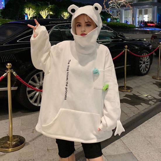 Унисекс Осень Зима Толстовка с капюшоном в форме лягушки Молния Капюшон Утолщенный плюш Теплый Вышитые буквы Большой карман Длинные рукава Пара Поездки на работу На Открытом Воздухе Отдых