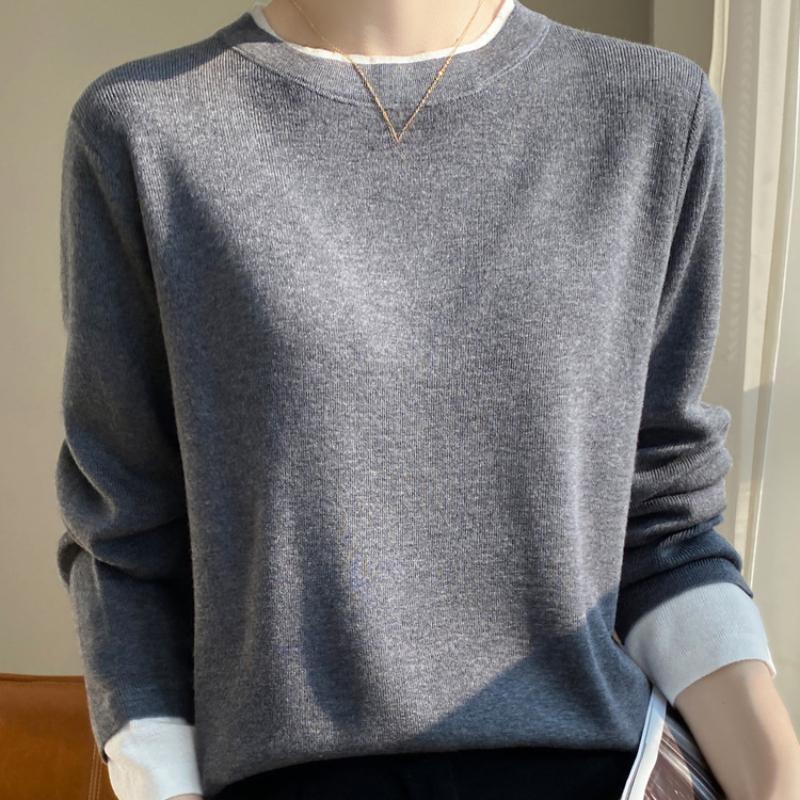 Новый женский свитер, имитация двух частей, шерстяной трикотажный пуловер с длинным рукавом и круглым вырезом, высокая эластичность, женский пуловер, мода, осень-зима