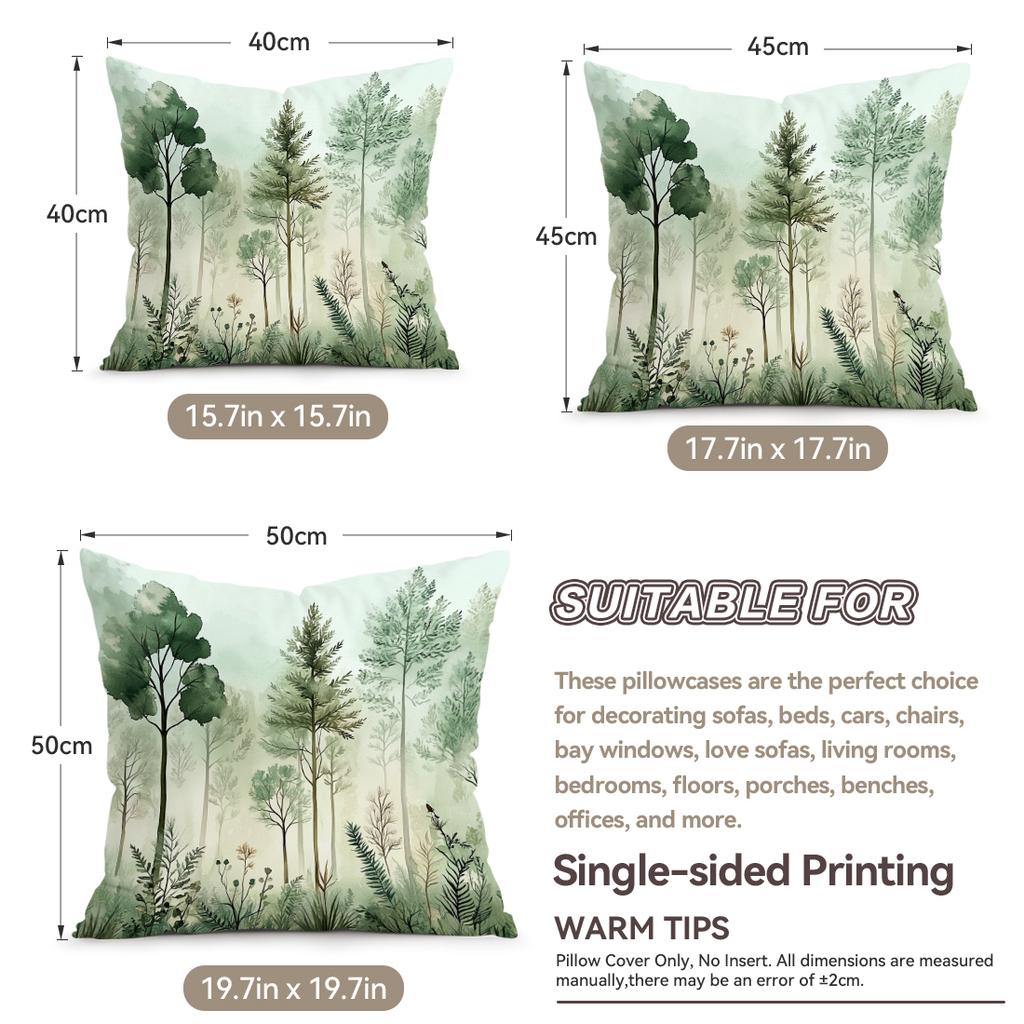 4 Pcs Forest Watercolor Painting Single-Sided Printed Pillowcase Cushion Cover,Suitable For Living Room,Bedroom,Car Decoration