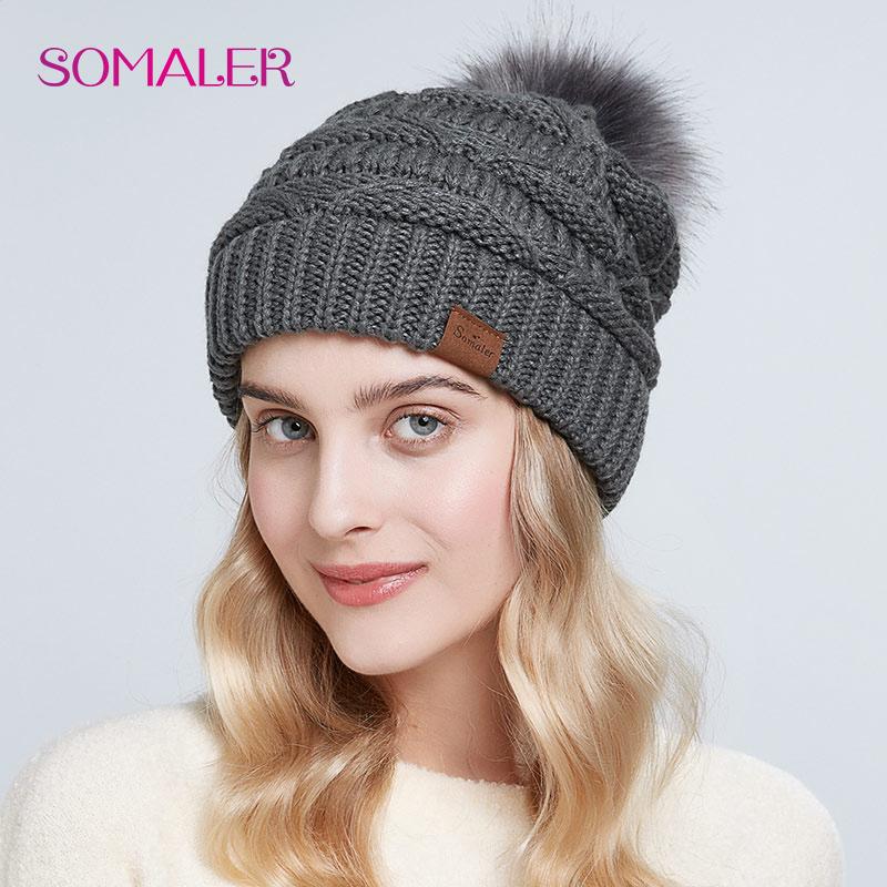 SOMALER Зимние шапки с напуском для женщин, вязаная шапка для женщин, мешковатая шапка с помпоном из искусственного лисьего меха