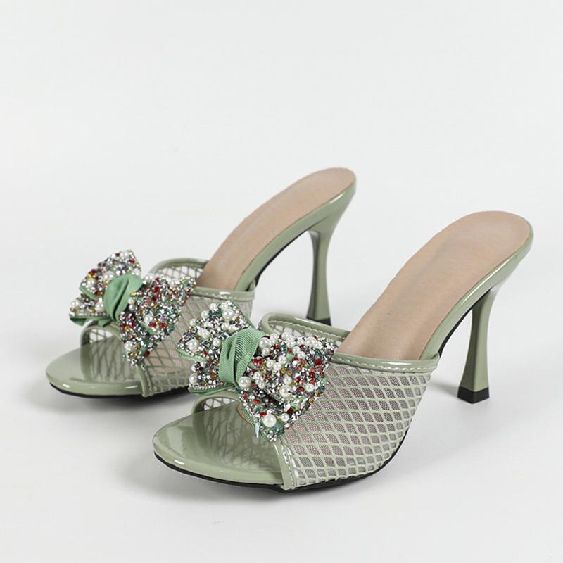 Liyke Brand Design Color Crystal Pearl Bowknot High Heels Slippers Lady Mules Summer Shoes Women Party Dress Sandals Size 43