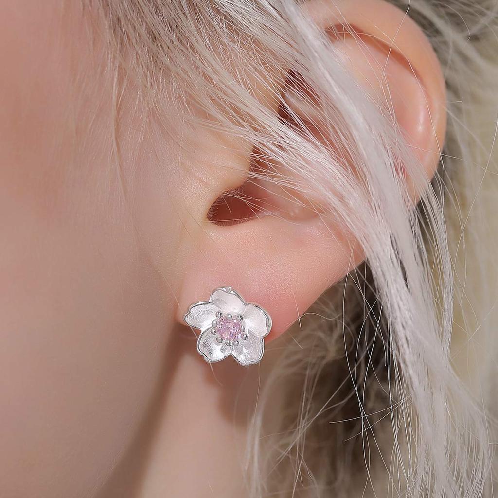 PRIVIE Cherry Blossom 925 корейский металл изысканный ежедневный подарочный футляр в комплекте женские серьги, цветок, розовый, серебряный, милый, стильный, популярный, модный,