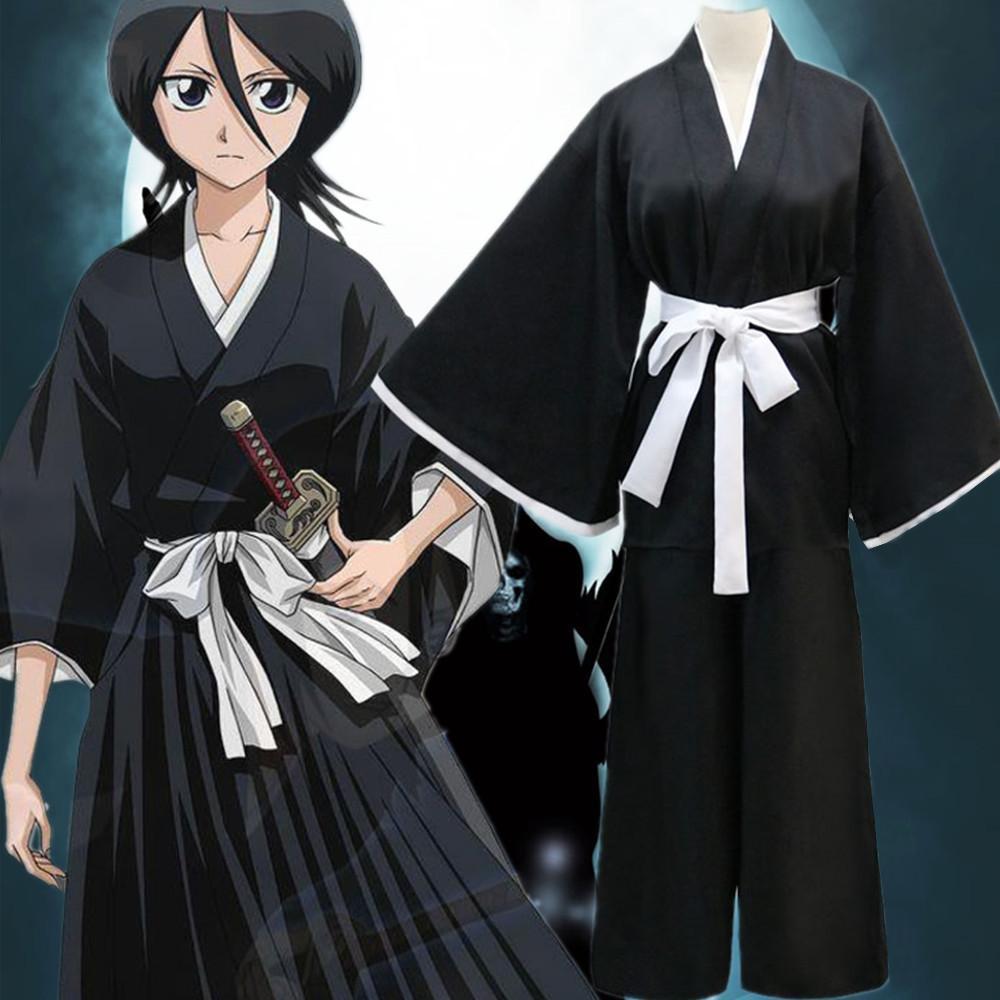 Anime Bleach Kurosaki Ichigo Cosplay Costume Adult Women / Men Outfits Black Kimono Batwing Coat Top Black Pant Belt Halloween Set