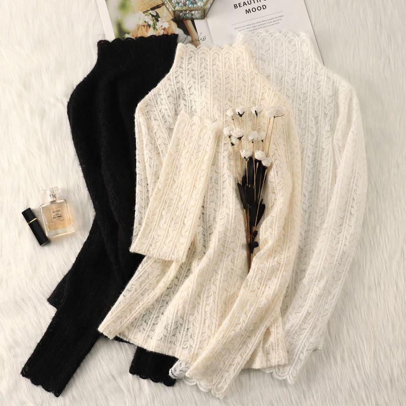 Топ из сетки с высоким воротником и кружевом с начесом для женщин - Модный осенне-зимний слой