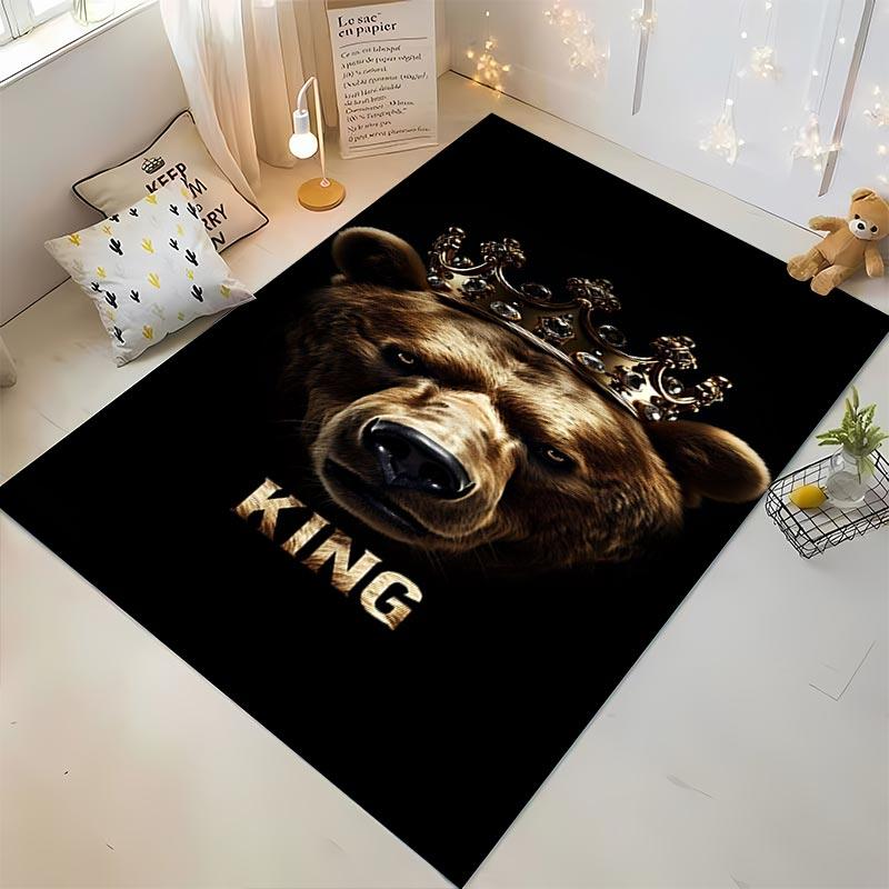 Bear with Crown Printed Carpet - Black Background with "King" Text Suitable for use as an anti-slip for living room bedroom sofas