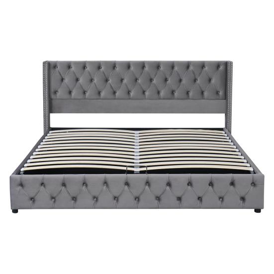 Multifunctional Double Bed Upholstered with Ear Shape, Row of Rivets, Flannel, Button Stitching at Head And Foot Ends, 180x200cm Hydraulic Functional