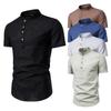 Men Summer Shirt Solid Color Slim Fit Stand Collar Short Sleeves Soft Breathable Lightweight Pullover Button Formal