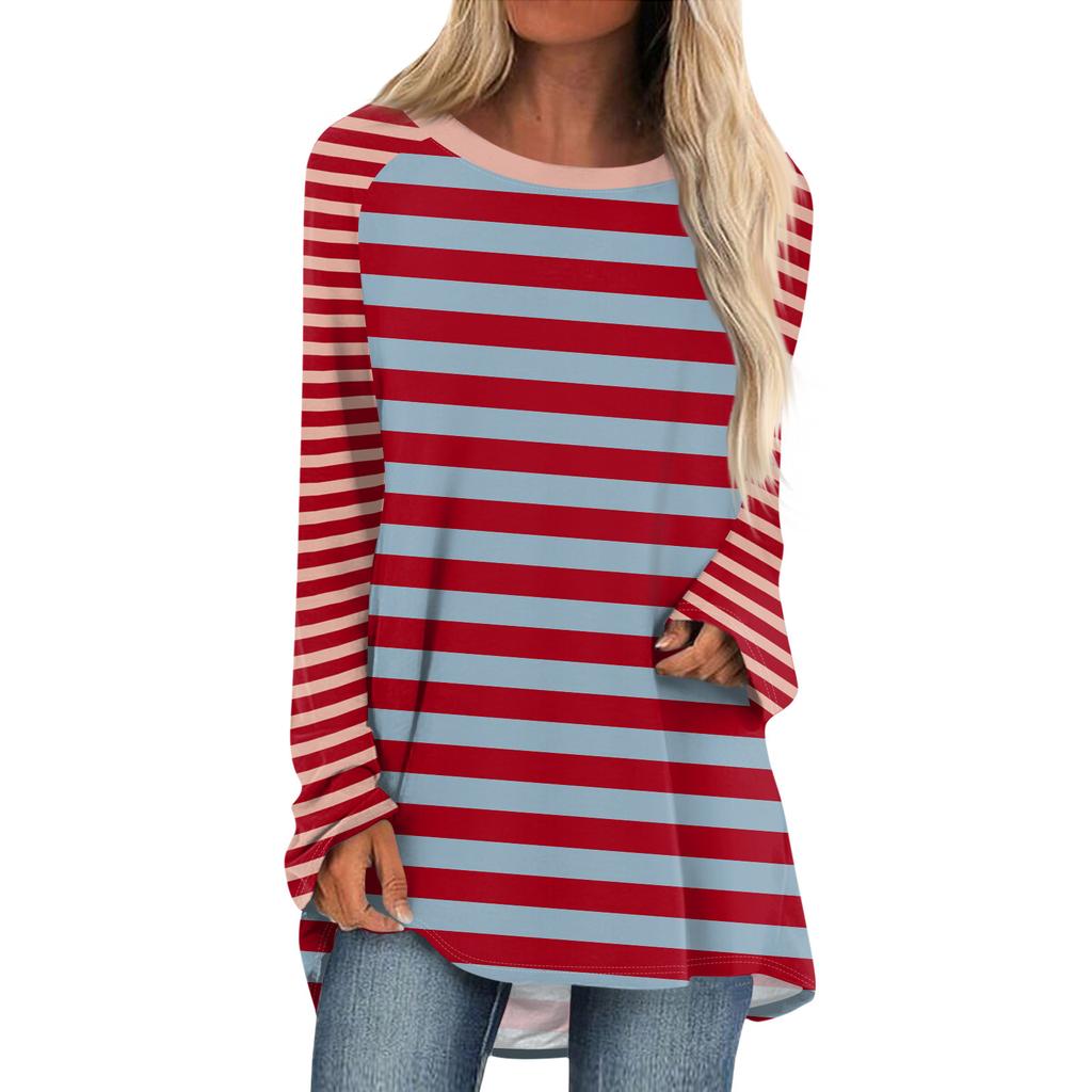 Женская мода повседневная спущенная линия плеча с длинным рукавом миди полосатый принт топ