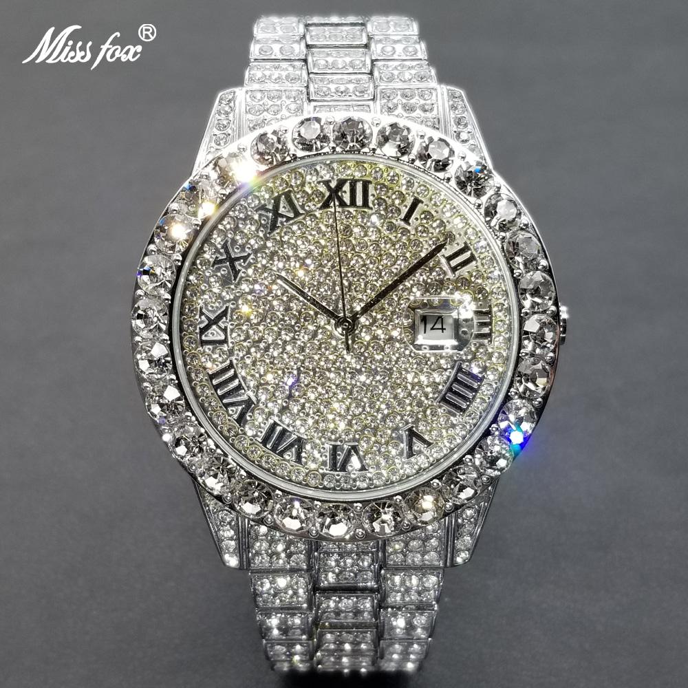 Горячие часы Hip Hop Iced Out для мужчин, бренд MISSFOX, модные блестящие кварцевые часы, роскошные наручные часы с бриллиантами