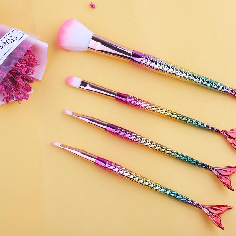 Mermaid 4-Piece Makeup Brush Set with Soft Electroplated Nylon Bristles in a PVC Bag