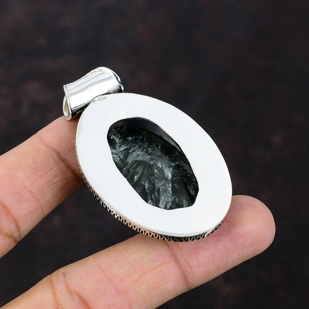 Подвеска с серафинитом. Подвеска из драгоценного камня высшего качества. Подвеска из стерлингового серебра 925 пробы. Замечательная винтажная подвеска. Изысканные ювелирные изделия ручной работы. Подарок для жены.