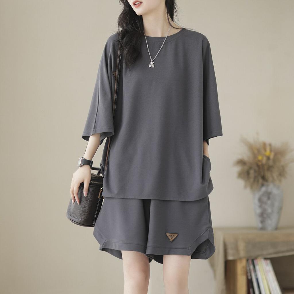 Женский летний комплект свободного покроя больших размеров, топ с коротким рукавом + шорты, повседневный удобный комплект из двух предметов