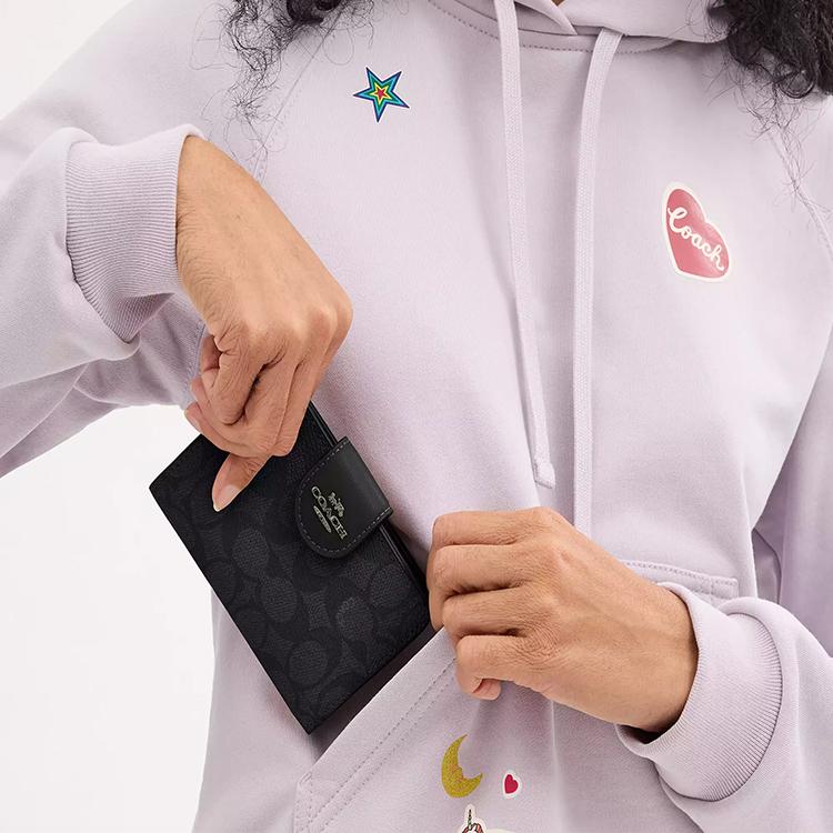 New COACH SignatureCanvas High Quality Leather Wallet Medium Size Women's Walnut Wood With Black Accents CW786-IMXAQ