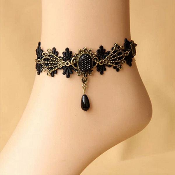 Women Vintage Black Floral Lace Anklet Chain Ankle Sandal Bracelet Foot Barefoot AVE