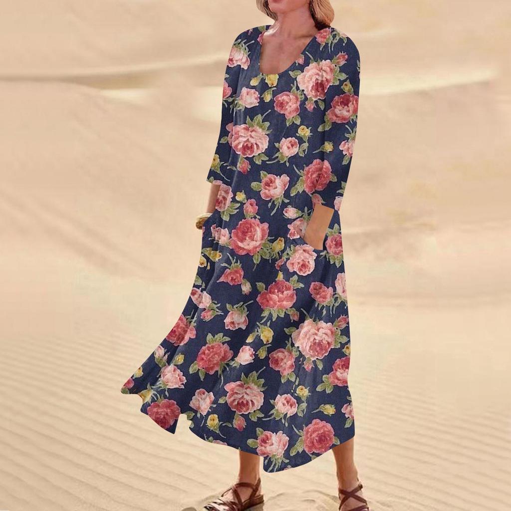 Женское повседневное удобное хлопковое карманное платье с цветочным принтом и рукавами три четверти