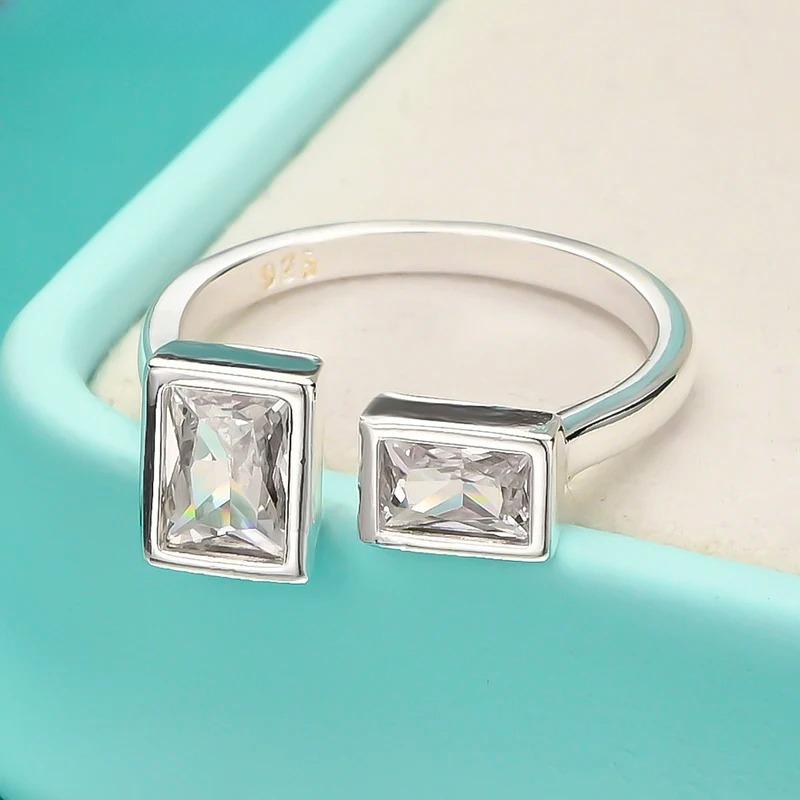 925 Sterling Silver Double Square Zircon Open Ring for Women Wedding Party Charm Fine Jewelry