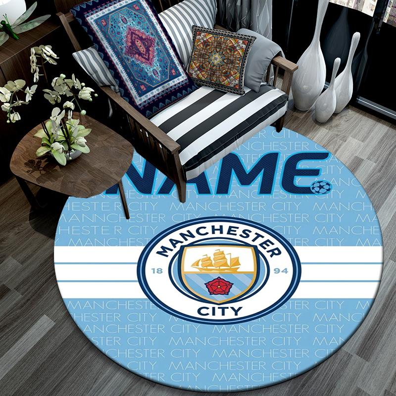 Custom Name,Manchester City FC pattern round rug,Carpet Rug for Living Room Bedroom Playroom ,Non-slip Floor Mat,Holiday Gifts and Birthday Gifts.