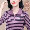 Хлопок Новинка Женский ПОЛО Лацкан Повседневный Западный стиль Длинный рукав Мама Полосатый воротник Топ