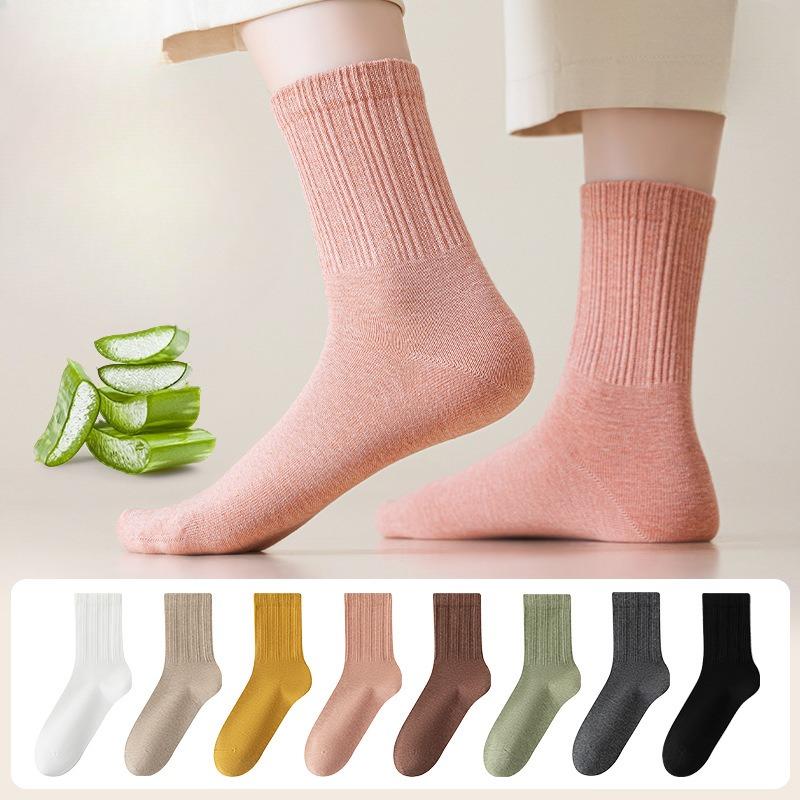 Female Spring and Autumn Pure Color All Kinds of Casual Cotton Sweat Absorption Breathable Sports Tube Socks