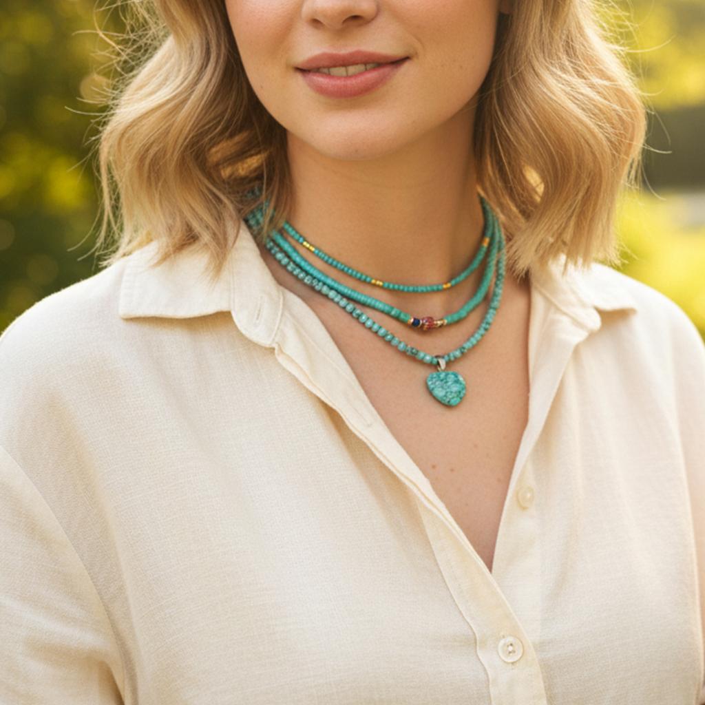Ins-style Artistic Turquoise Beaded Necklace for Women Handmade Simple Elegant Non-Fading Light Luxury Geometric Design