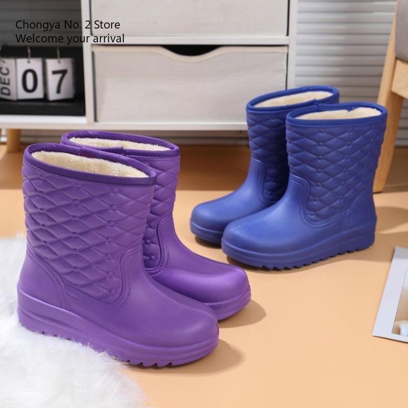 Waterproof Fleece Snow Boots Women's Mid-calf Water Boots Warm Water Boots Women's Rubber Shoes Kitchen Cotton